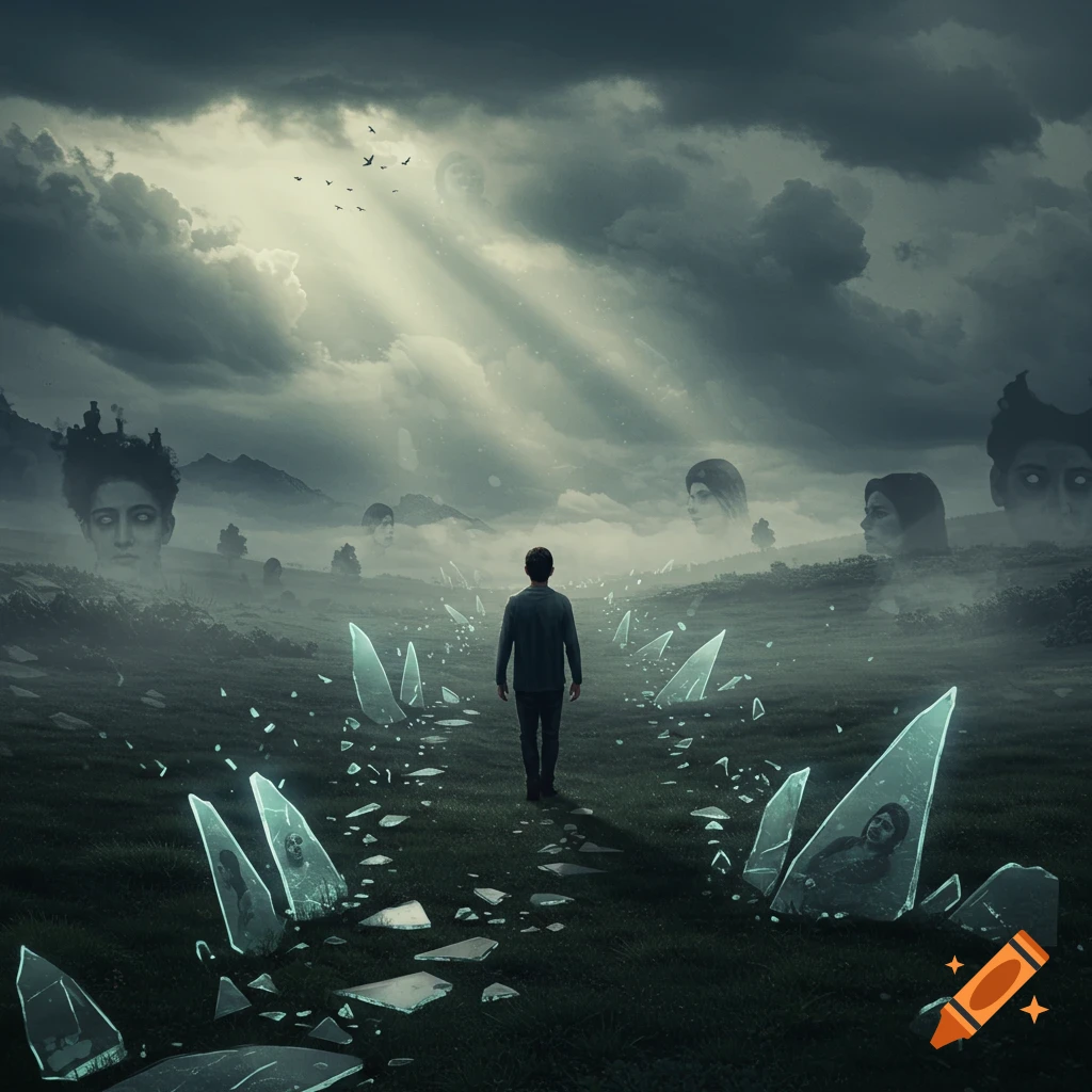 A man walks through a misty, surreal landscape filled with broken glass and ghostly faces under a dramatic sky.