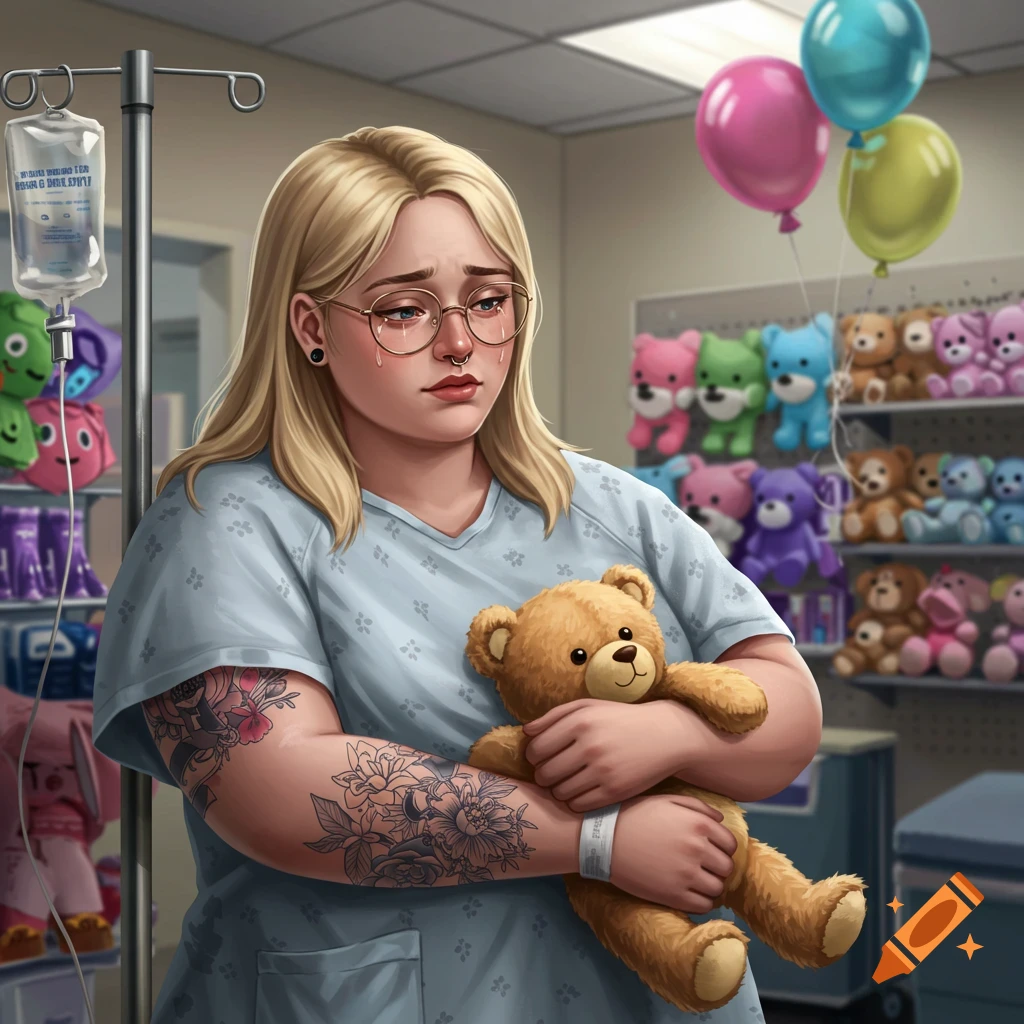 A blonde woman in a hospital gown cries while holding a teddy bear, standing next to an IV pole in a hospital gift shop.