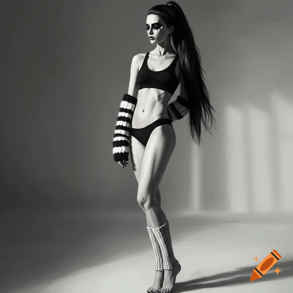 A photorealistic black and white portrait of a pale woman with a ponytail, in a sports bra, panties, striped arm warmers, and leg warmers, with dramatic eye makeup.