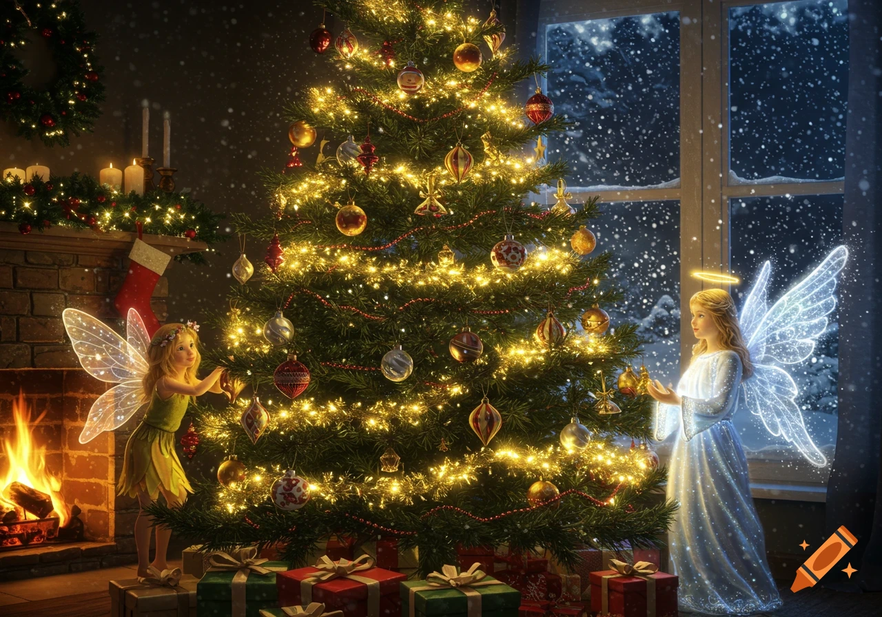 A fairy and an angel decorate a glowing Christmas tree laden with ornaments and presents, beside a cozy fireplace and a snowy window.