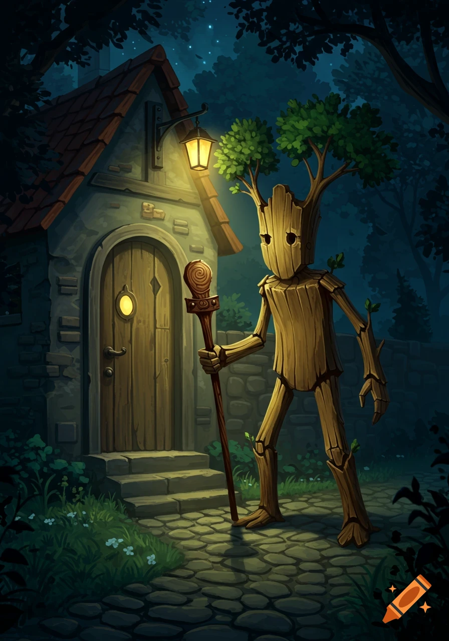 A wooden humanoid creature with leafy branches for hair, holding a staff, stands on a cobblestone path outside a lit stone cottage at night.
