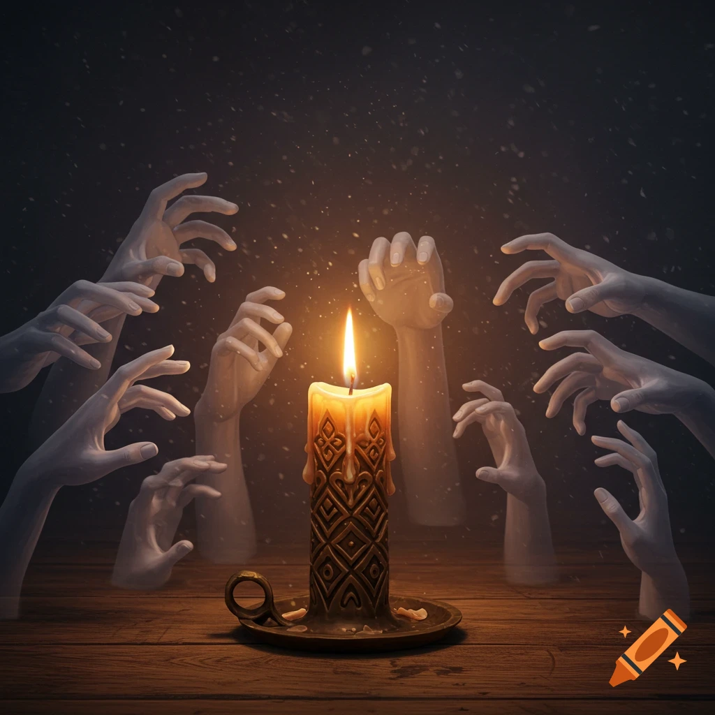 An eerie scene with a lit candle on a wooden table surrounded by numerous ghostly, disembodied hands reaching towards the flame.