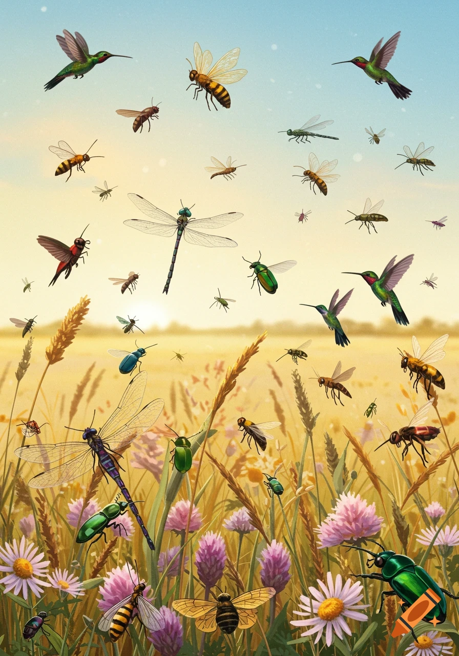 Numerous insects and hummingbirds fly over a golden field filled with purple and white flowers under a bright sky.