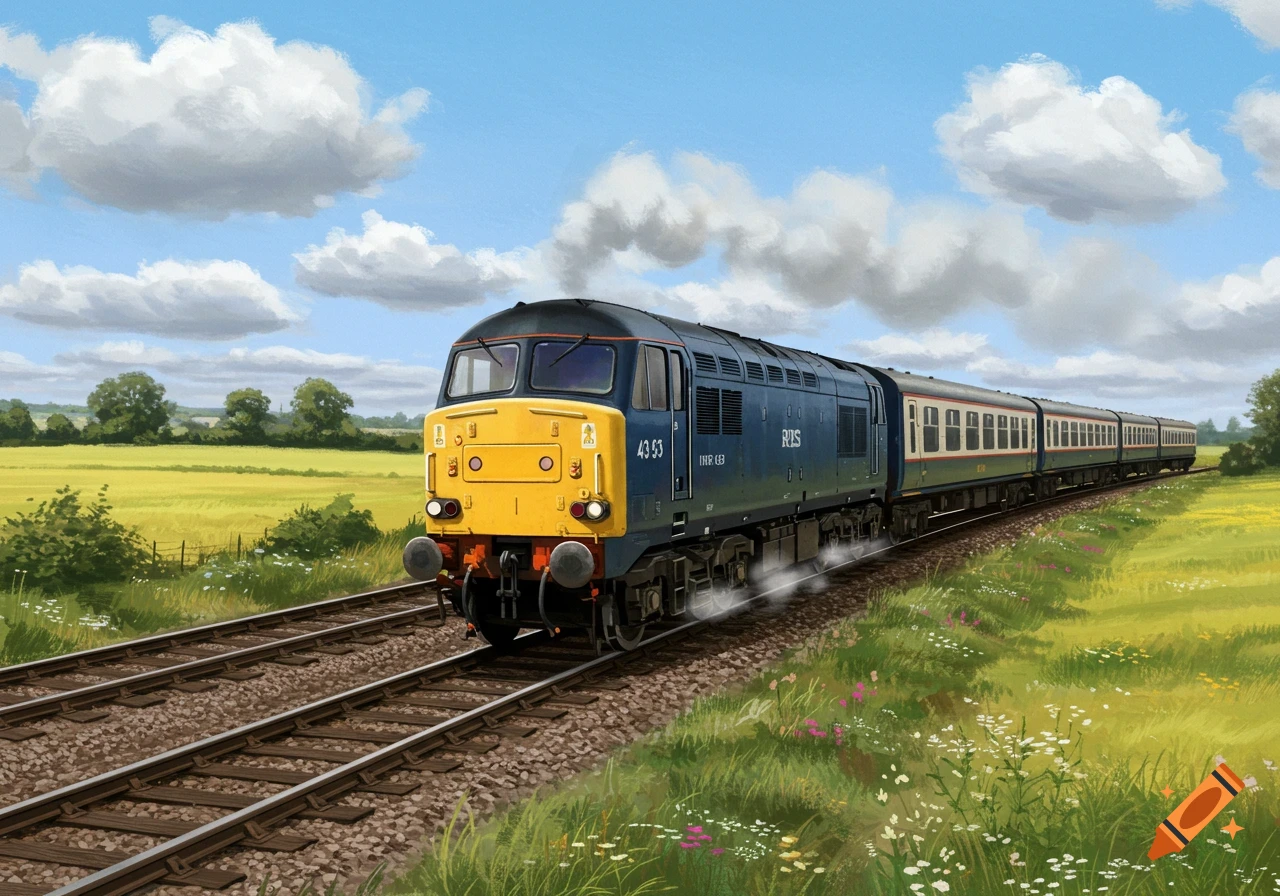 A blue and yellow diesel train with passenger cars moves through a sunny green field under a blue, cloudy sky in a painterly style.