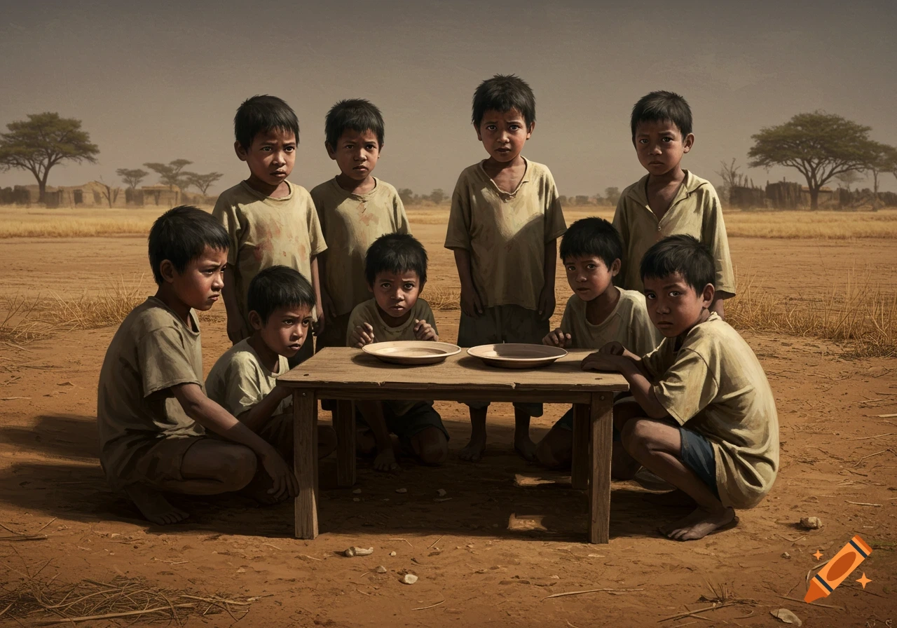 Eight young children in worn clothes gather around a small wooden table with empty plates in a dusty outdoor landscape.