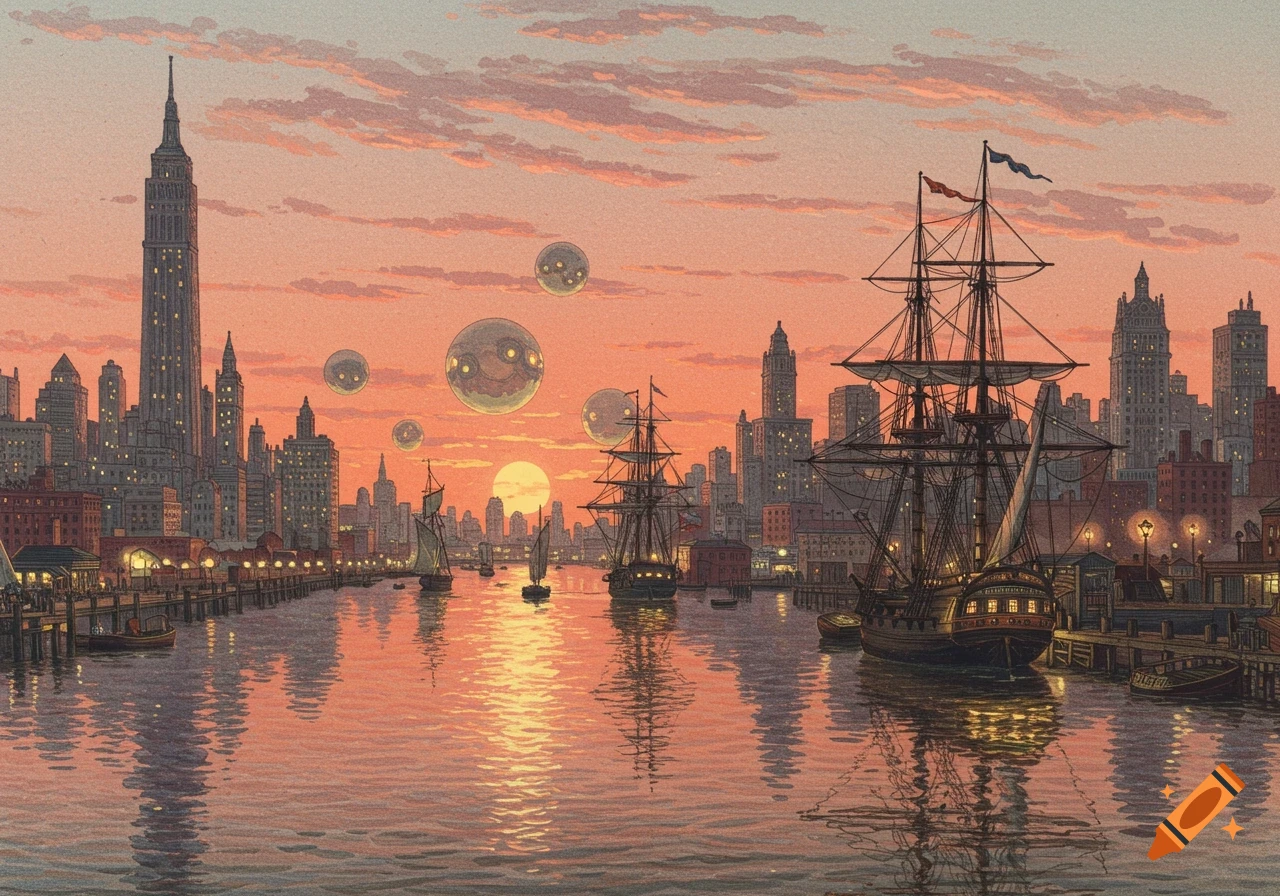 19th century engraving of a Manhattan cityscape at sunset, with old ships in the harbor and mysterious glowing orbs floating above.