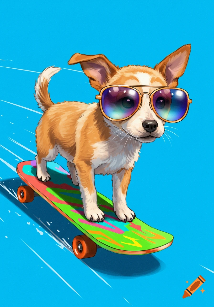 A cute dog wearing sunglasses rides a skateboard on a bright blue background, cartoon illustration.