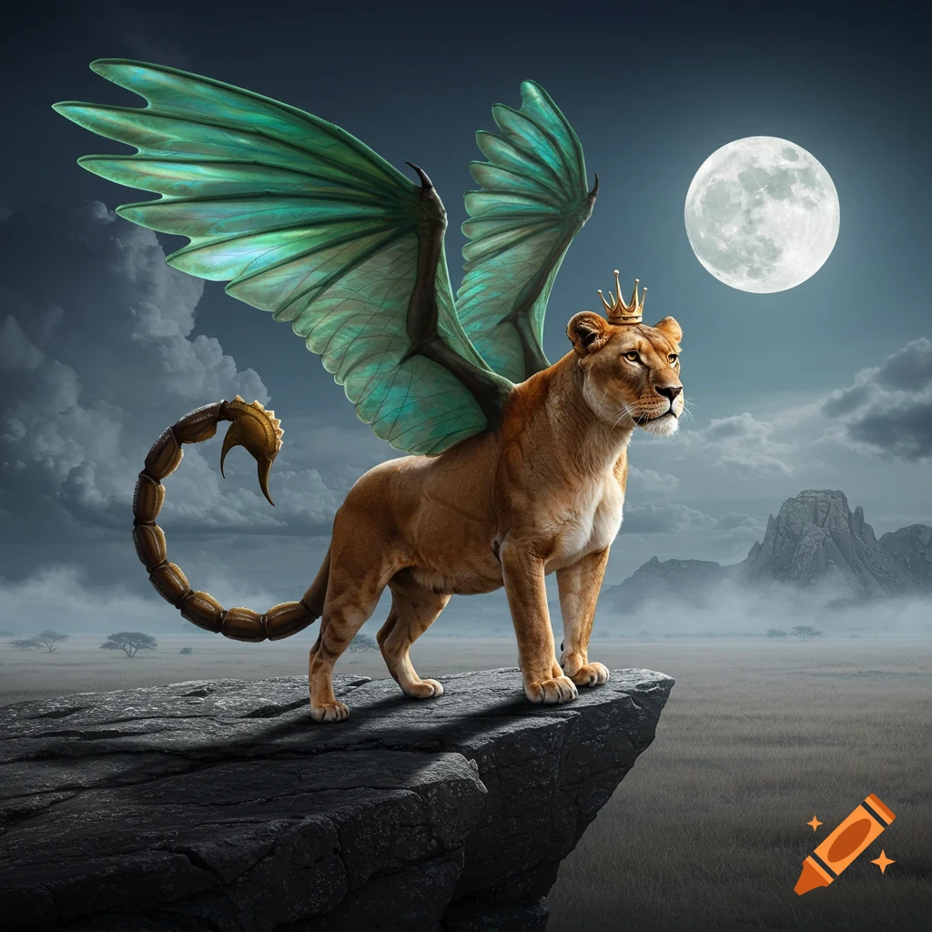 A crowned lioness with green dragon wings and a scorpion tail stands on a cliff under a full moon in a misty savanna.