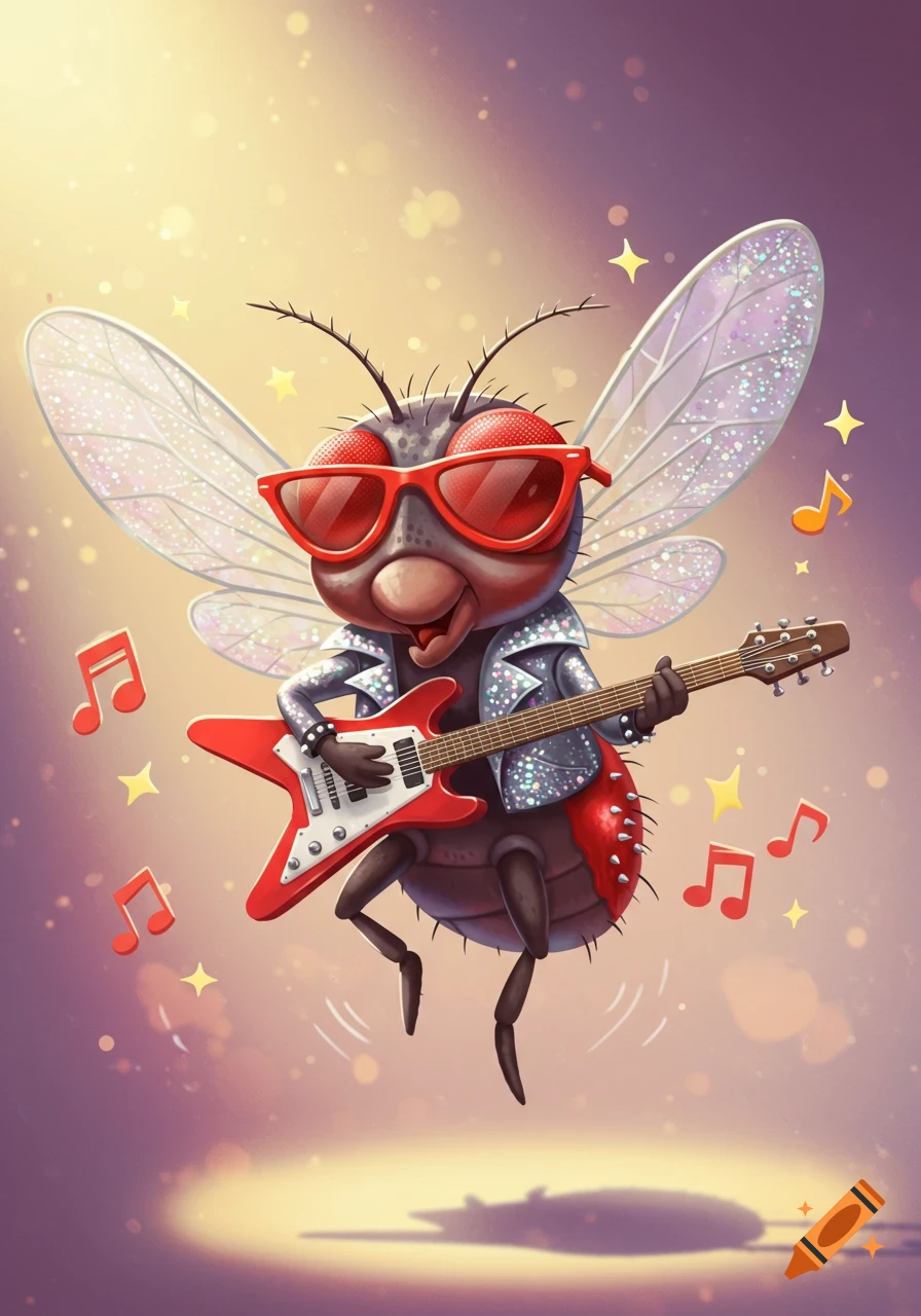 A cute cartoon fly in red sunglasses and a sparkly jacket plays a red electric guitar amidst musical notes and stars.