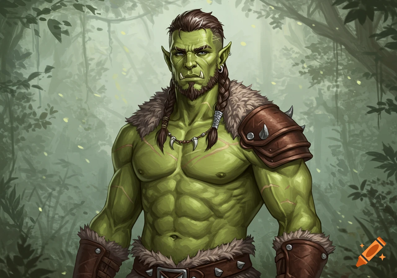 Illustration of a muscular, green-skinned half-orc man with braided hair and goatee, wearing fur and leather armor, in a forest.