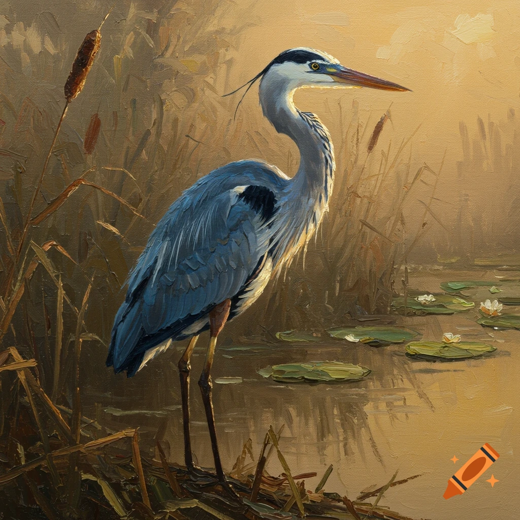 An impasto oil painting of a blue heron standing among reeds and lily pads in a sunlit marsh.