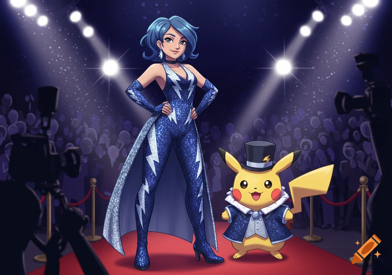 An anime-style woman in a blue sparkly lightning bolt jumpsuit and a Pikachu in a matching top hat and coat pose on a red carpet.