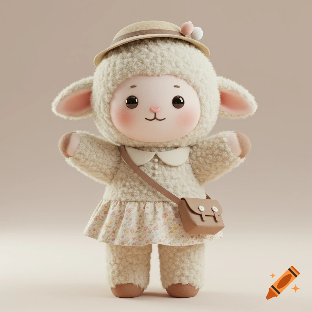 Cute 3D render of a plush lamb toy wearing a hat, floral dress, and crossbody bag, with raised hands.