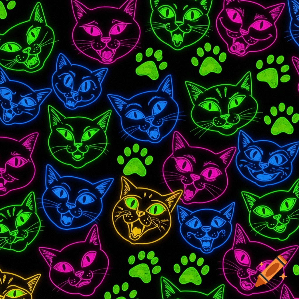 A vibrant, repeating pattern of cartoonish neon cat faces in pink, green, blue, and yellow with green paws on a black background.