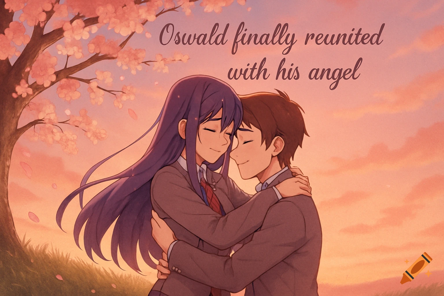Anime illustration of a boy and girl hugging under a cherry blossom tree at sunset, with text 'Oswald finally reunited with his angel'.