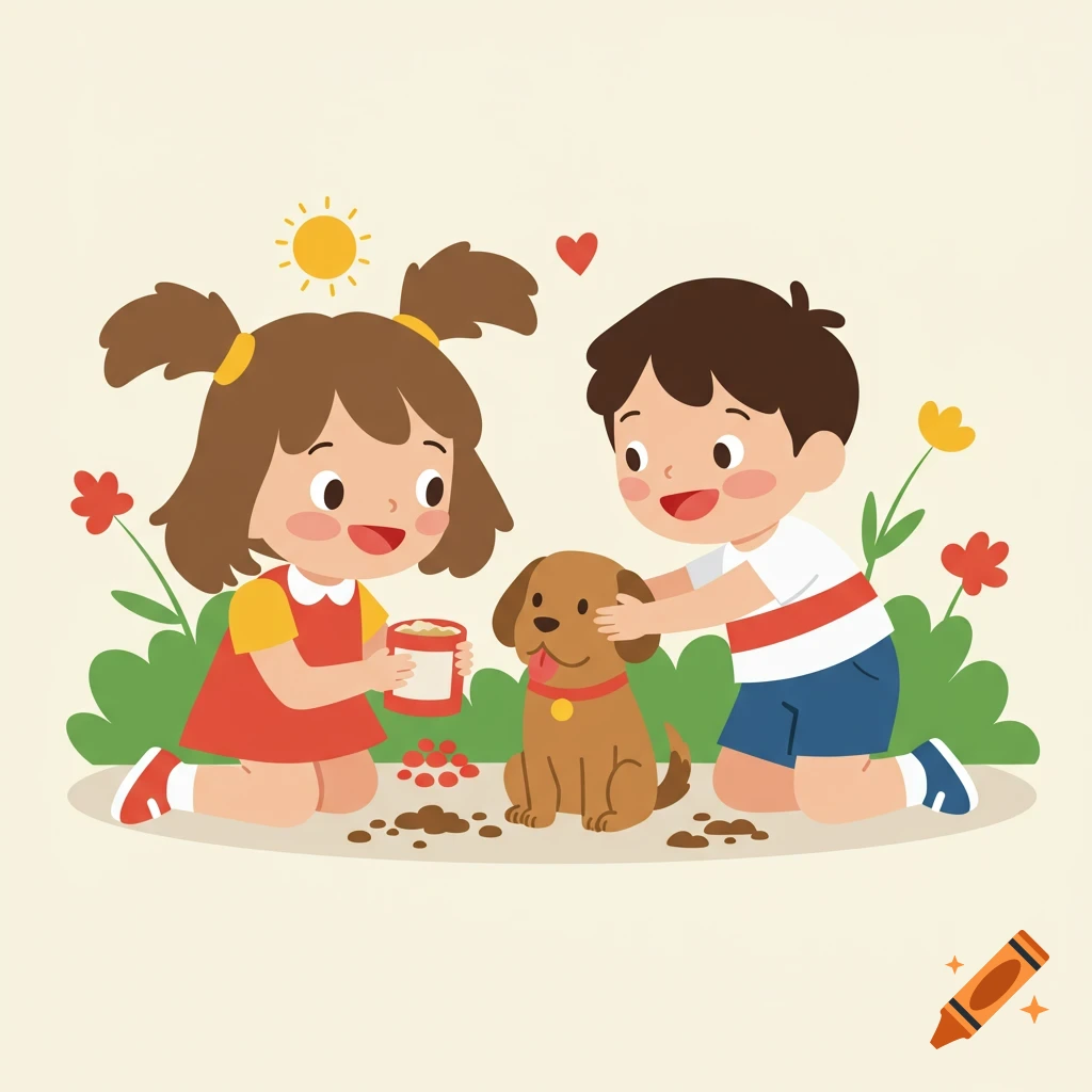 Cartoon illustration of a boy and girl petting and feeding their brown dog in a garden.