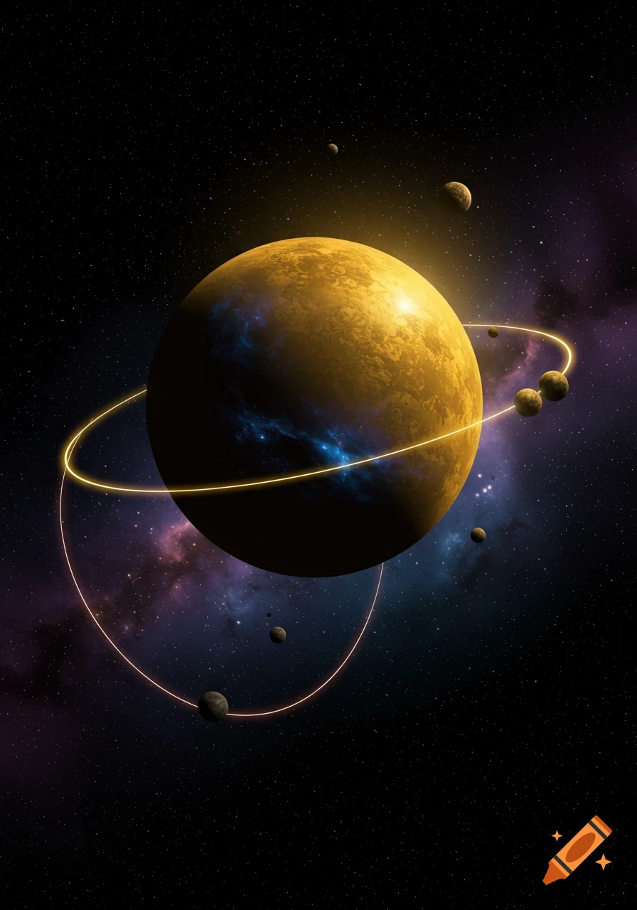 A golden-orange planet with a glowing gold ring and moons orbits in a dark, star-filled space with purple and blue nebulae.
