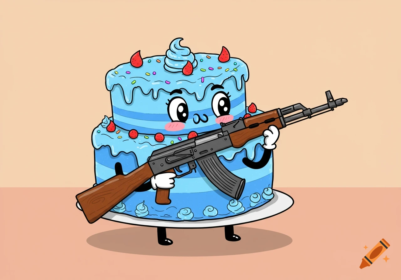 A cartoon blue cake with eyes and a blush holds an AK-47 assault rifle.