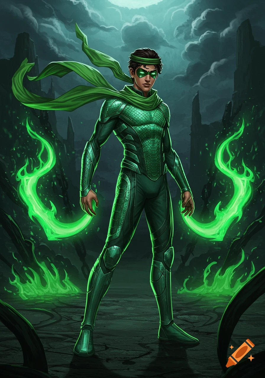 A male superhero in a green snake-skin suit, mask, and scarf stands in a dark, rocky landscape with green glowing energy, graphic novel style.