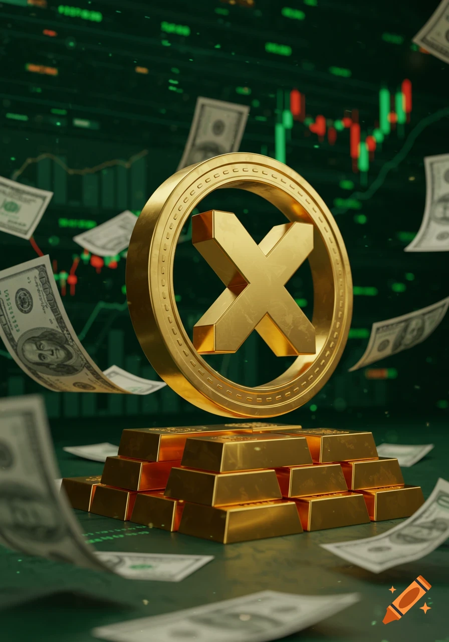 A prominent golden X symbol over a stack of gold bars, with dollar bills and a financial chart in the background, representing finance and cryptocurrency.