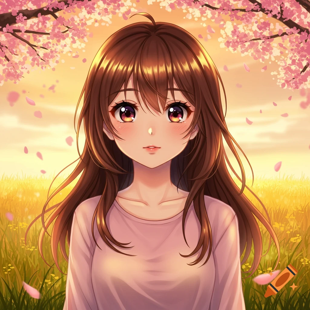 An anime girl with long brown hair and a pink shirt stands in a field with cherry blossoms and falling petals under a golden sky.