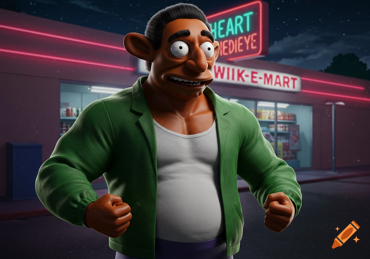 A muscular, cartoonish Apu from The Simpsons stands outside a misspelled Kwik-E-Mart style store at night, rendered in 3D.