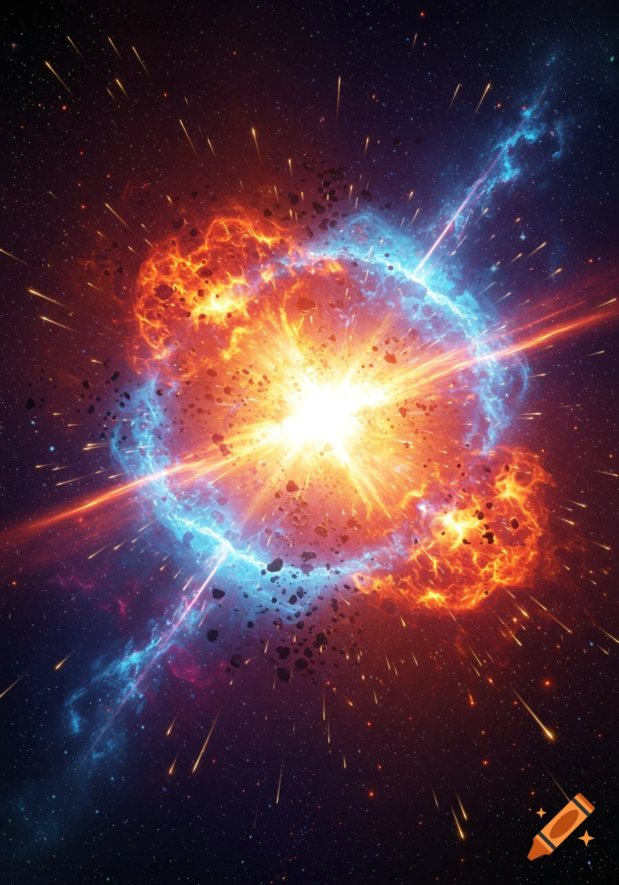 A vibrant cosmic explosion with a bright white center, surrounded by rings of orange and blue energy, and shooting debris in a star-filled space.