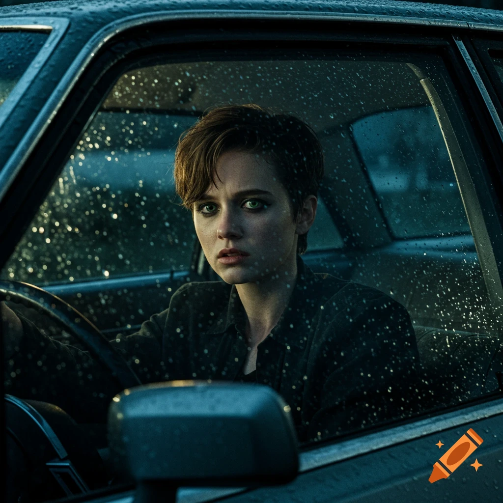 A woman with short brown hair and green eyeliner looks scared while driving a car in the rain at night, a horror movie aesthetic.