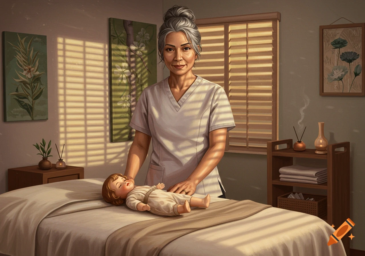An older woman in a grey scrub top stands behind a massage table with a doll lying on it, in a sunlit room with botanical art.