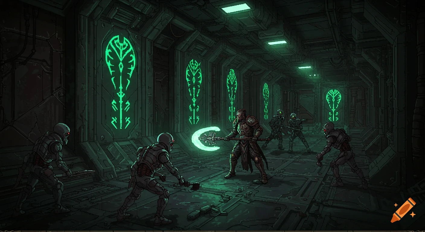 A pixel art sci-fi combat scene in a dark corridor, featuring an armored warrior with a glowing axe fighting other armored figures.