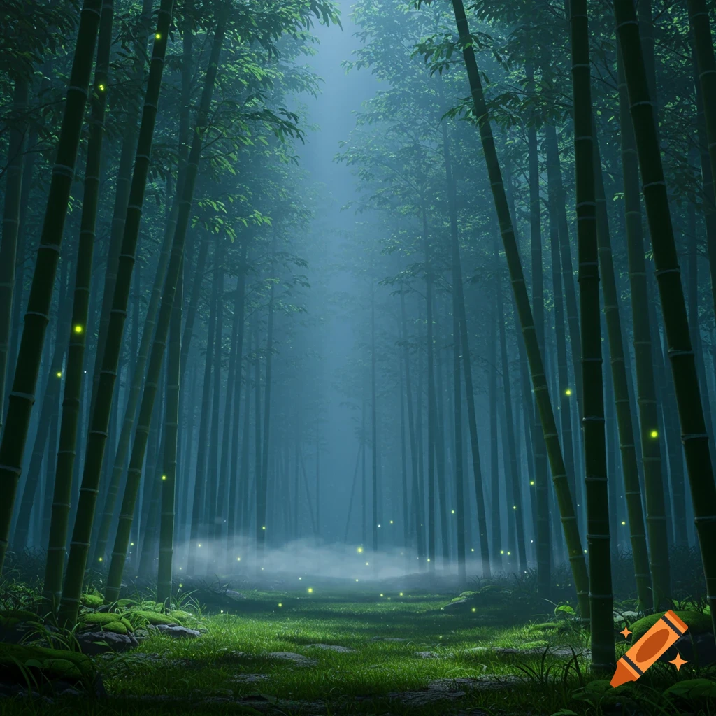 A mystical bamboo forest with tall green stalks, glowing fireflies, and misty ground under a bright light.