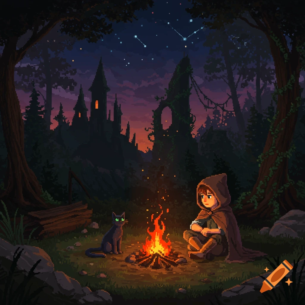 Pixel art of a cloaked boy and black cat by a campfire in a dark forest, castle ruins in the background, starry sky.