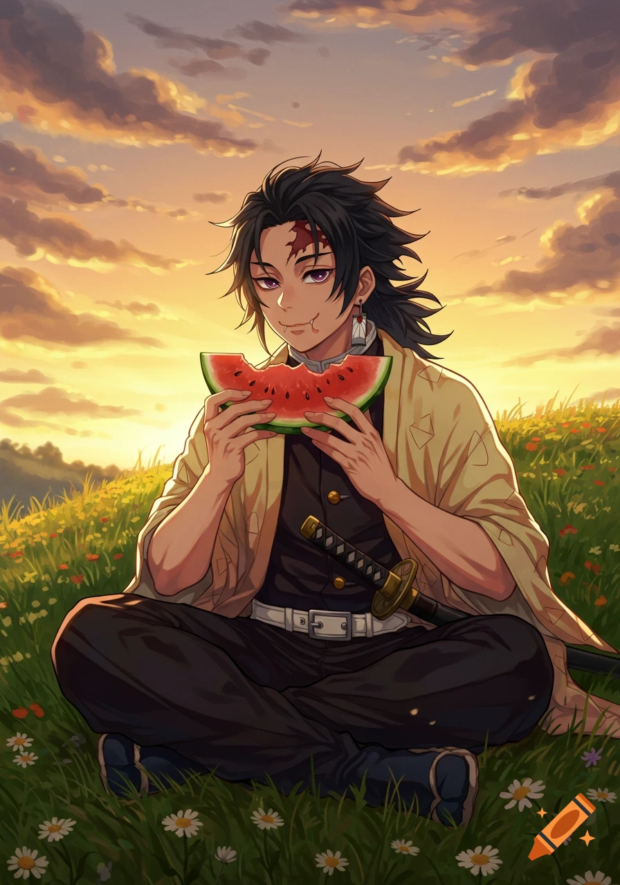 Anime character Genya Shinazugawa sits cross-legged in a sunny, flower-filled field, eating a slice of watermelon at sunset.