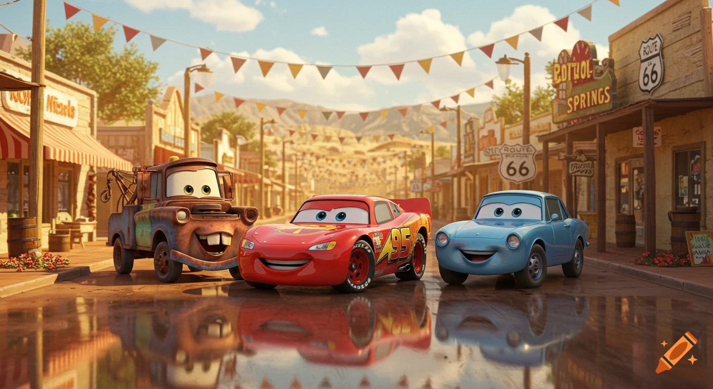 Lightning McQueen, Mater, and Sally Carrera in a Pixar-style 3D render, standing on a wet street in Radiator Springs under warm sunlight.