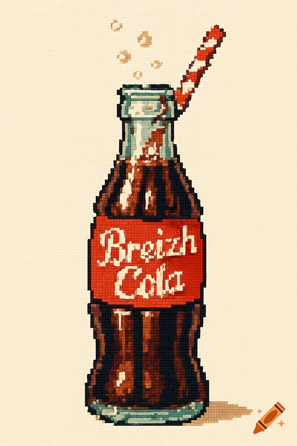 Pixel art of a vintage-style glass bottle of Breizh Cola with a red label, a red and white striped straw, and bubbles.