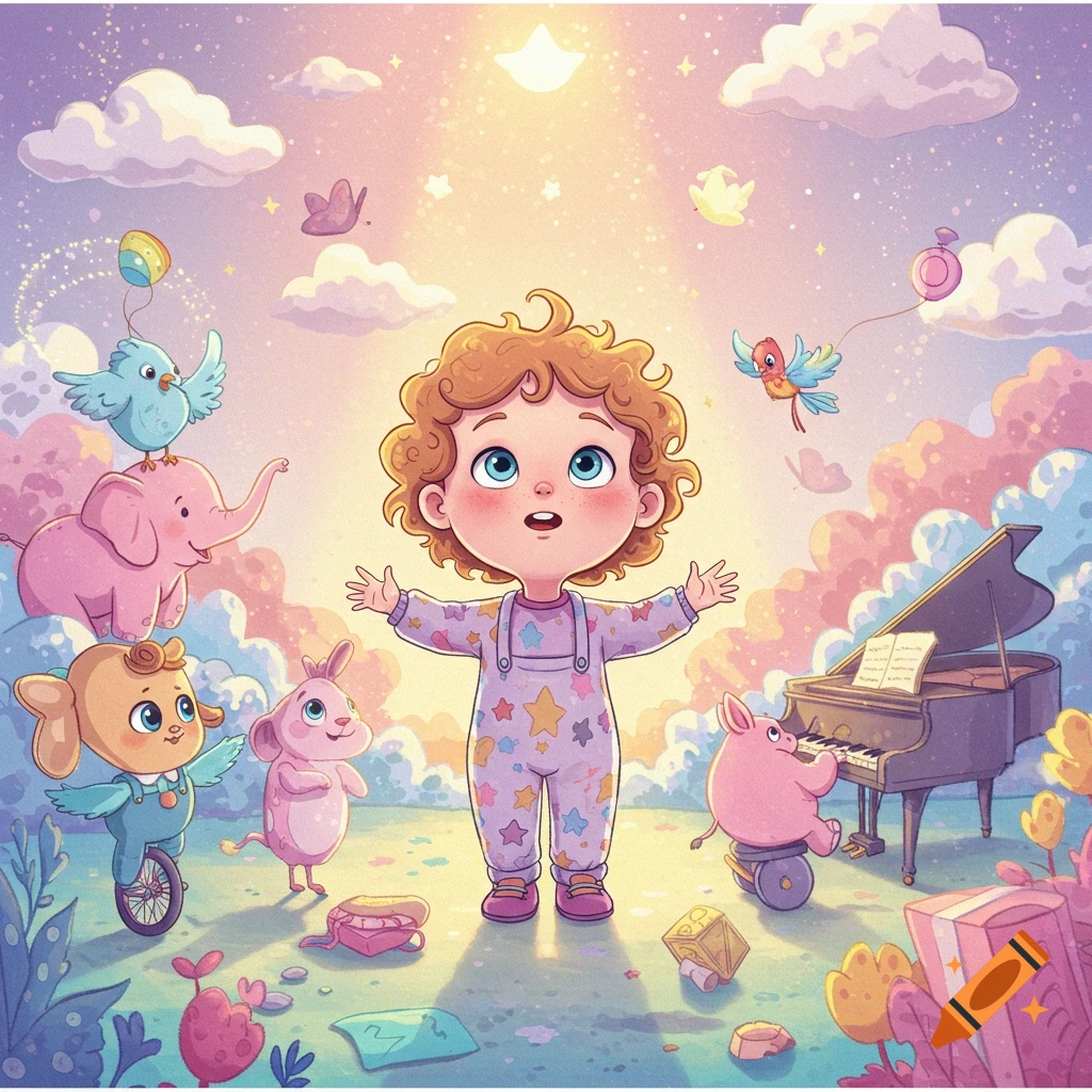 Happy cartoon baby in star pajamas with arms open, surrounded by whimsical animals and a piano in a pastel, starry dreamscape.