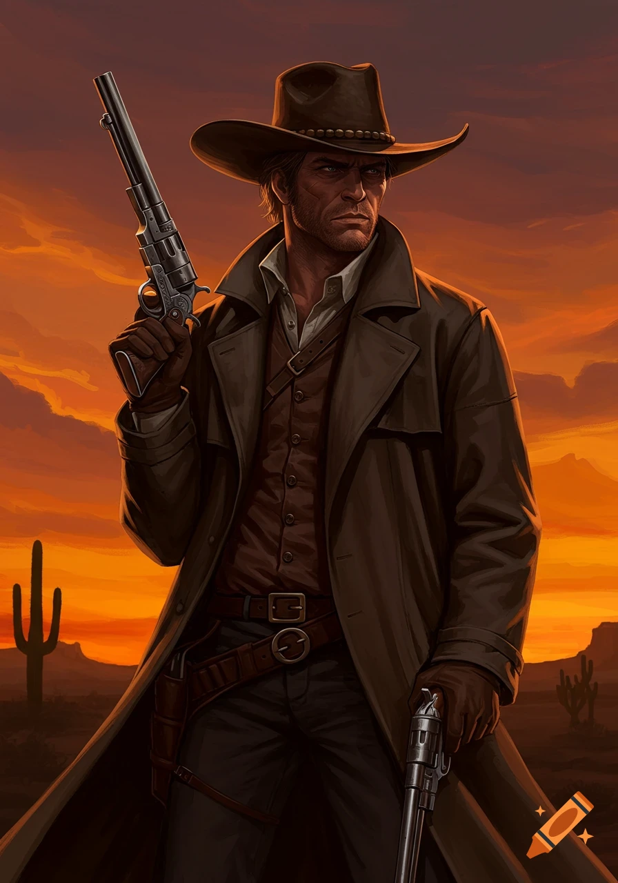 A rugged gunslinger in a cowboy hat and long coat holds two pistols, standing in a desert at sunset. Digital art.