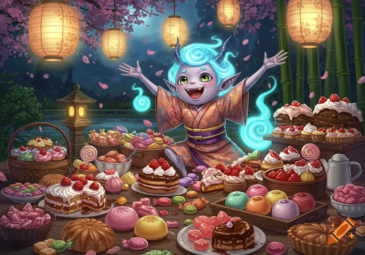 A happy blue-haired yokai creature with horns, arms outstretched, sits amongst a large spread of sweets under glowing lanterns and cherry blossoms at night.