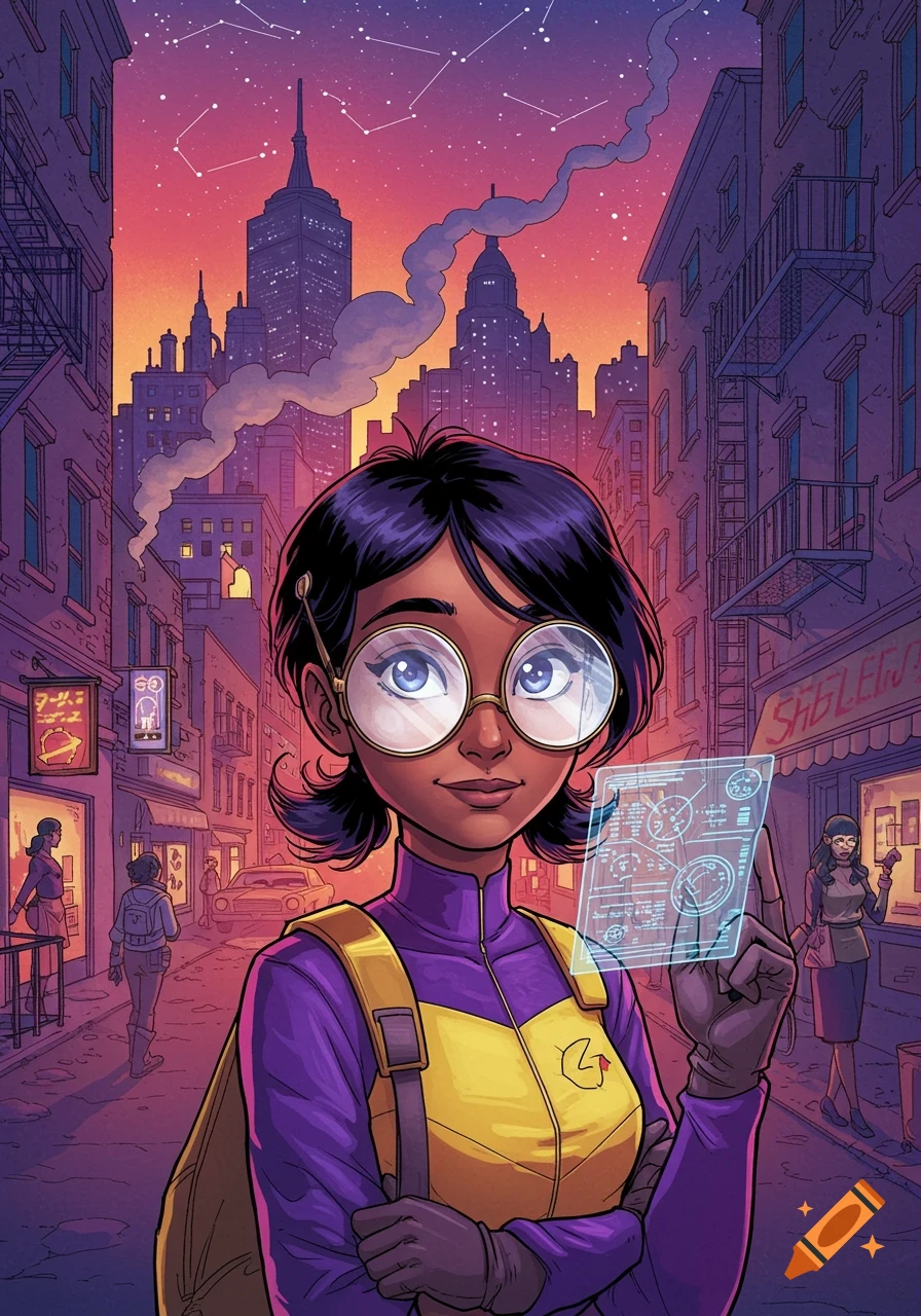 A young Black girl with glasses in a purple and yellow suit holds a glowing holographic screen on a city street at sunset, comic art style.