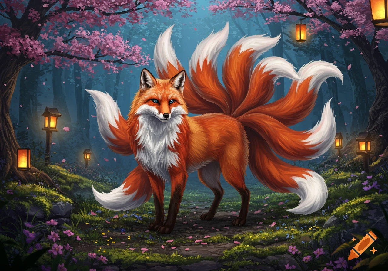 A majestic orange and white nine-tailed Kitsune stands in a vibrant forest with pink cherry blossoms and glowing Japanese lanterns, in a realistic anime style.