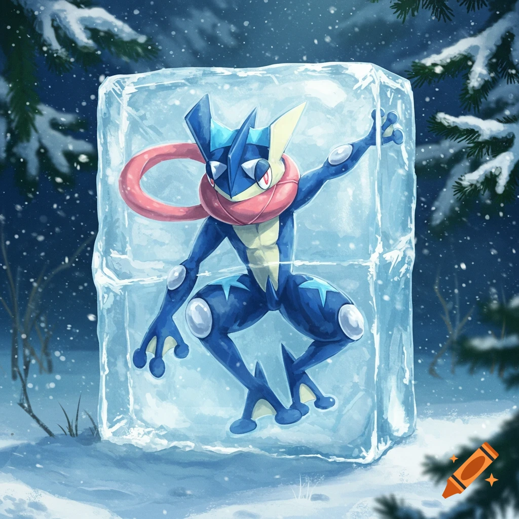 An anime illustration of Greninja, a blue ninja-frog Pokemon, frozen in a large block of ice in a snowy forest.