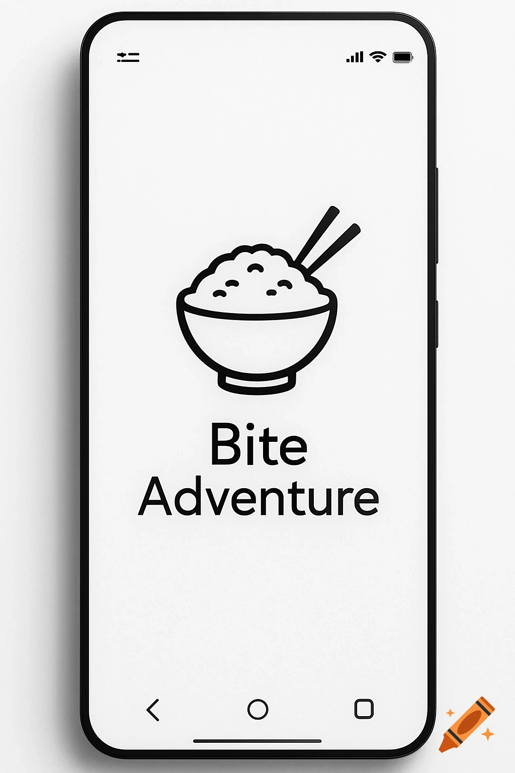 Minimalist black and white smartphone screen displaying a 'Bite Adventure' app with a rice bowl logo.