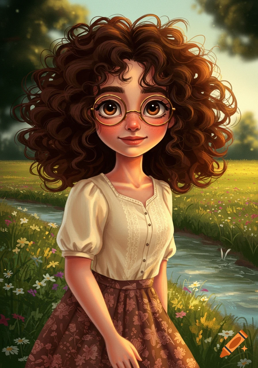 Stylized illustration of a girl with messy brunette curls and round glasses, wearing cottagecore attire, standing in a sunny meadow by a stream.