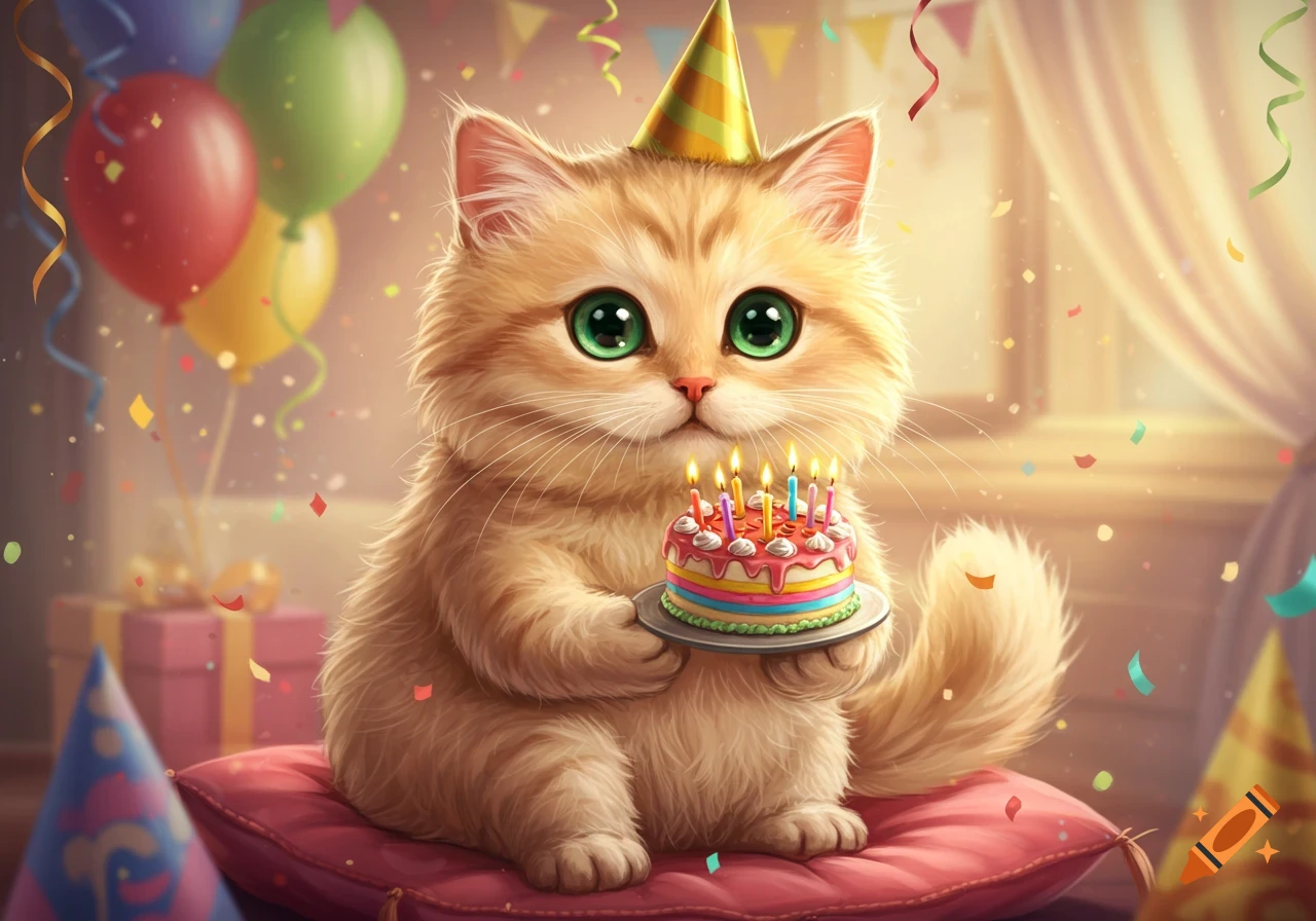 A fluffy orange cartoon cat with big green eyes wears a party hat and holds a small rainbow birthday cake with lit candles, surrounded by colorful balloons and confetti.