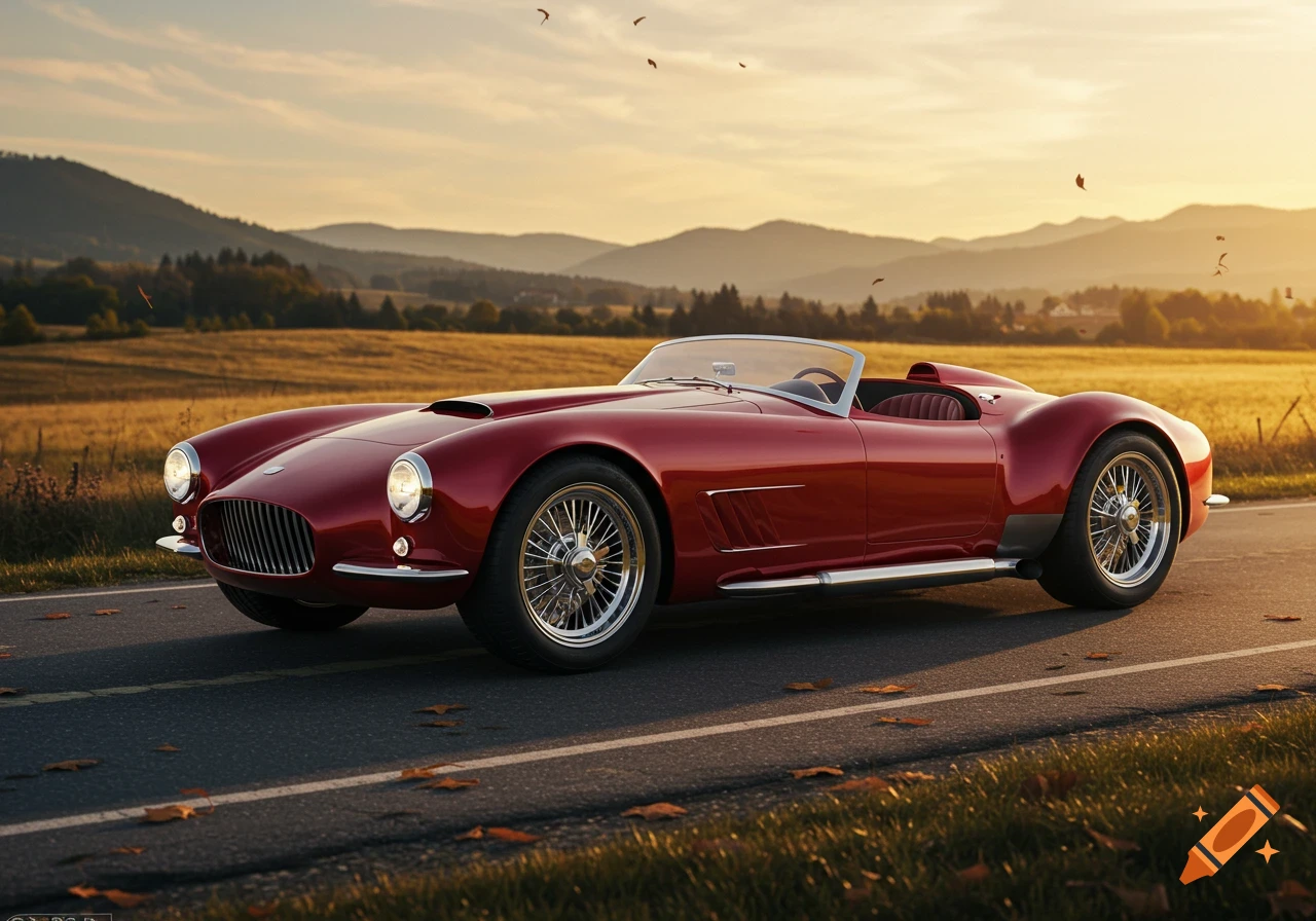A shining red classic roadster with wire-spoke wheels on an asphalt road. Golden fields and rolling mountains are in the background under a sunset sky.