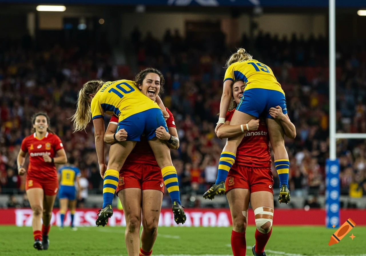 Two women rugby players in red uniforms carry two teammates in yellow and blue uniforms on their shoulders during a game, celebrating on a green field with spectators in the background. Photorealistic style.