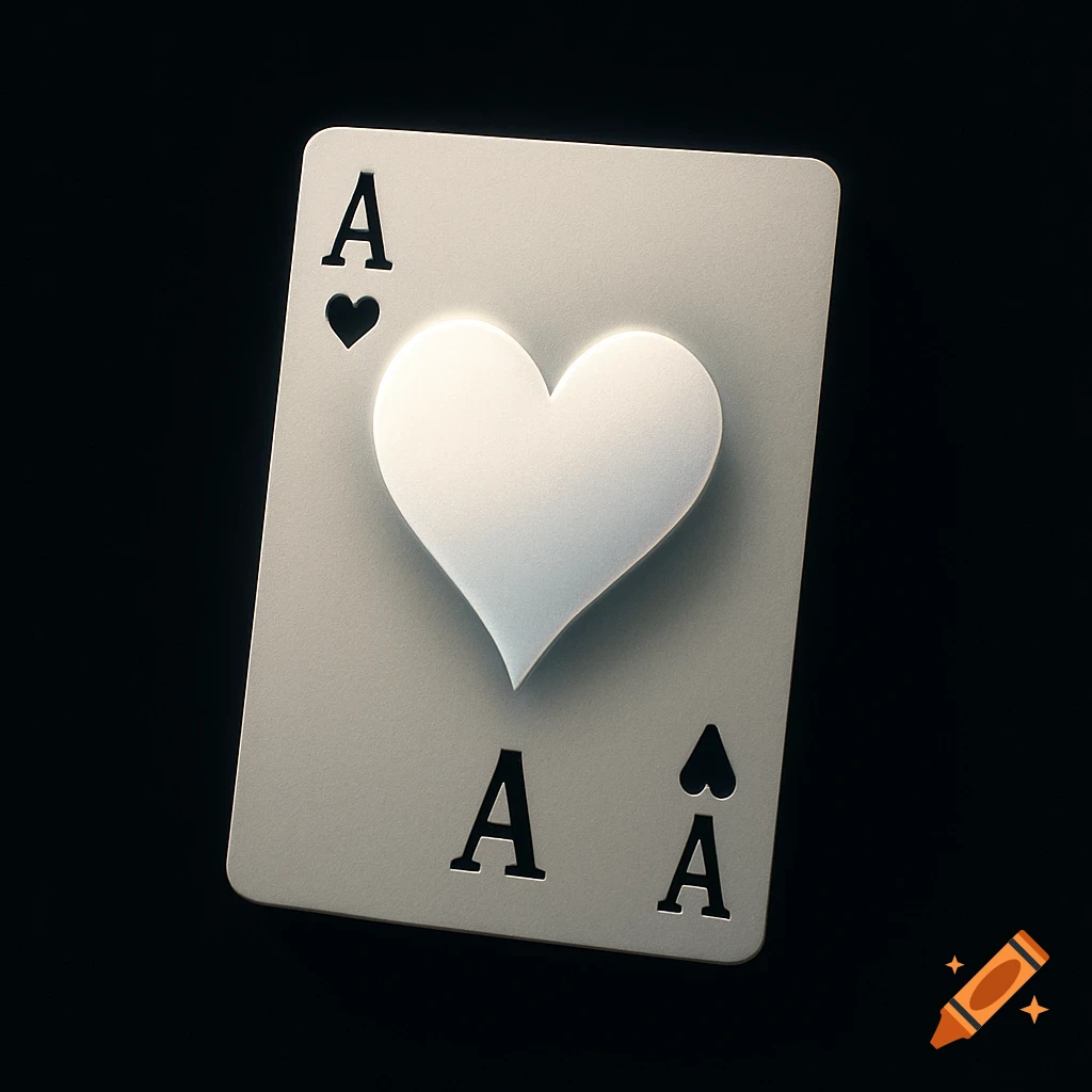 A minimalist 3D rendering of a white ace of hearts playing card on a black background.