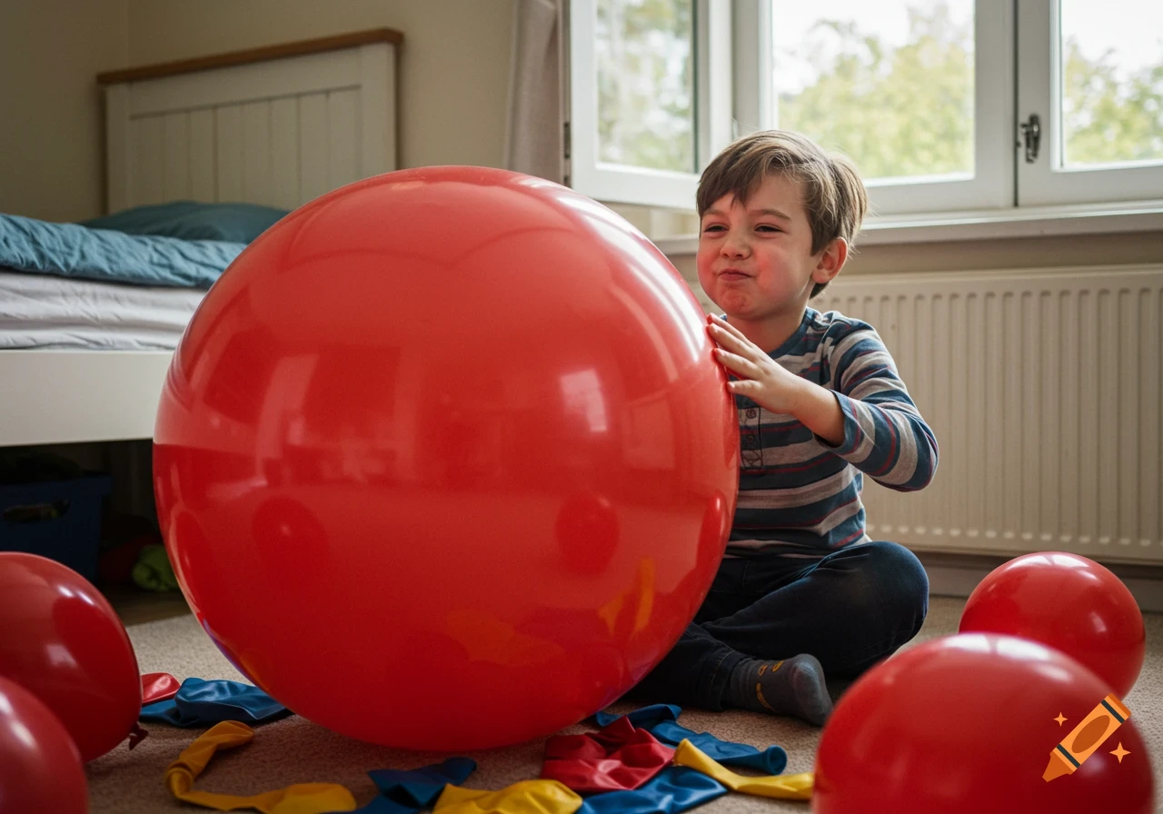 A young boy with puffed cheeks sits on the floor of his room, holding a giant red balloon, with other deflated balloons around him.