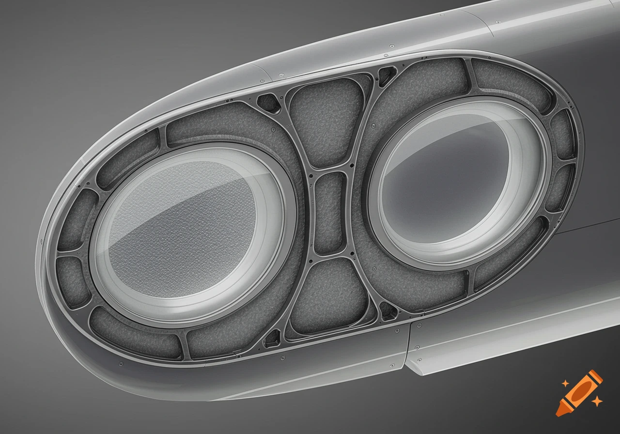 Close-up of an aircraft side panel with two round windows, showing intricate structural elements and textured grey insulation around them.