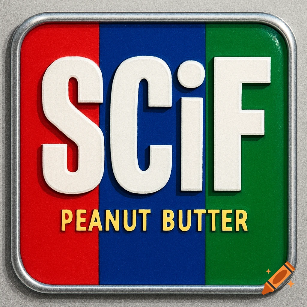 A logo for 'SCiF Peanut Butter' with white text on a vertically striped red, blue, and green background.